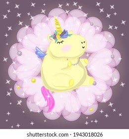 Banner with a funny fat unicorn in a wreath of lush flowers. Soft toy yellow unicorn in sparkles and stars. Card with unicorn