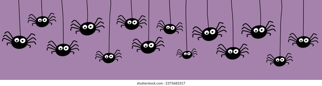 Banner with funny hanging spiders. Halloween design. Vector