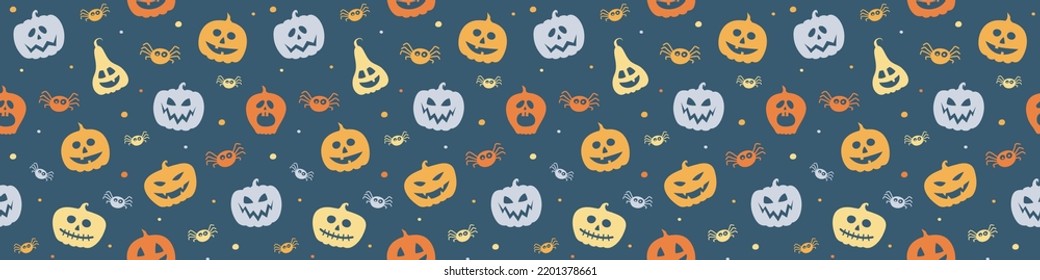 Banner with funny pumpkin lanterns and spiders. Halloween seamless pattern. Vector