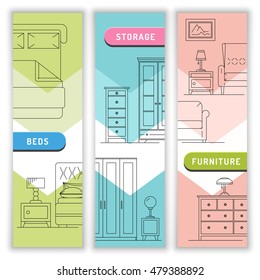 A banner of furniture for the bedroom, beds, bedside tables and table lamps in a linear, outline fashion. Storage in the bedroom and in the house.