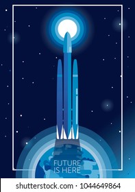 banner "future is here" with modern space shuttle  going to space, can be used for space exploration program, vector illustration