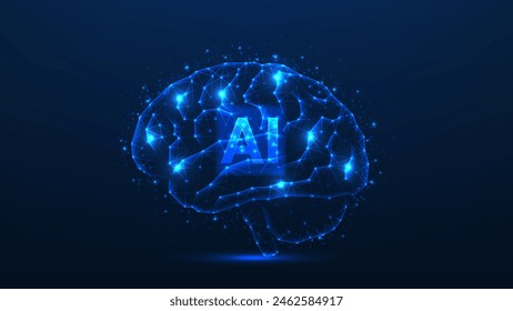 Banner of futuristic AI brain. Vector illustration with futuristic glowing low polygonal brain. Ai technology, artificial mind, neural network, artificial Intelligence concept. 