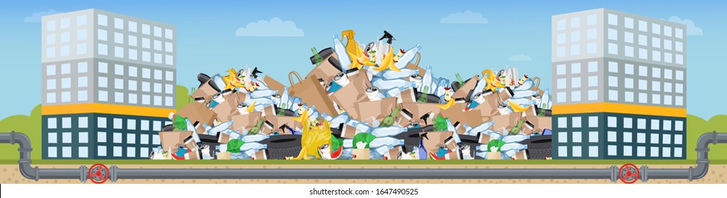 Banner Garbage dump or landfill on a urban landscape background symbol of pollution environment. Vector illustration.