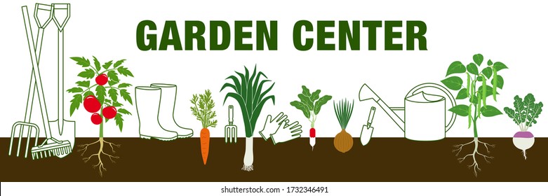 Banner For A Garden Center With Various Vegetable Plantations And Gardening Tools.