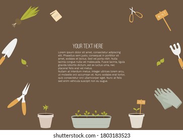 Cartel con herramientas de jardín y lugar para tu texto sobre fondo marrón. Ilustración del vector EPS 10. Plantilla para sitio, afiche, web y banner publicitario, artículo sobre jardín, tarjeta o volante.