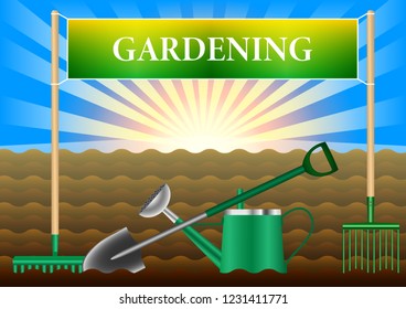 Banner Gardening. garden tool set for horticulture. Vector Illustration