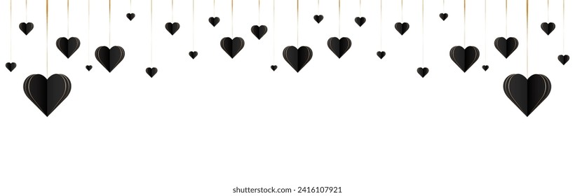 Cartel con guirnalda de corazones negros con oro en estilo cortado de papel. Cartel del Día de San Valentín. Banner, espacio para texto, afiche, post, publicidad, elemento de diseño.