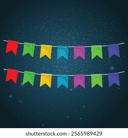 Banner with garland of colour festival flags and ribbons, bunting. Background for celebrate happy birthday party, carnaval, fair. Vector flat design