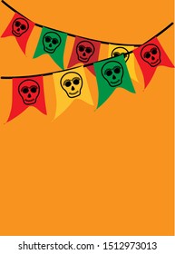 Banner with garland of colour flags skull party Dia de Muertos, Concept of Happy Day of the Dead in Mexico,orange background for poster. Vector illustration