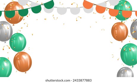 Banner con guirnalda de banderas, globo y confeti para vacaciones, fiesta, cumpleaños, felicitación, Irlanda concepto de color ilustración vectorial