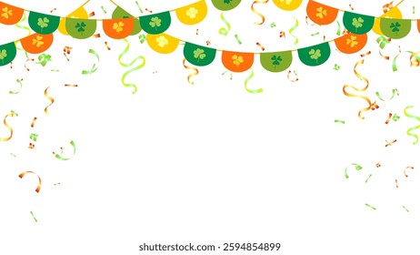 Banner with garland of flags clover leaves and confetti for holiday, party, lucky festival, anniversary vector illustration