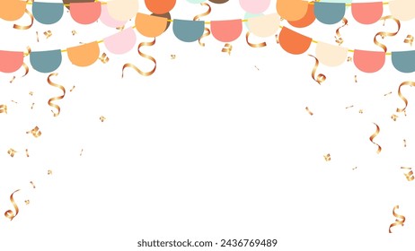 Banner con guirnalda de banderas y confeti para vacaciones, fiesta, cumpleaños, ilustración vectorial de felicitación. escuela, verano