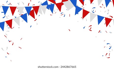 Banner con guirnalda de banderas y confeti para vacaciones, fiesta de verano, cumpleaños, festival, carnaval ilustración vectorial