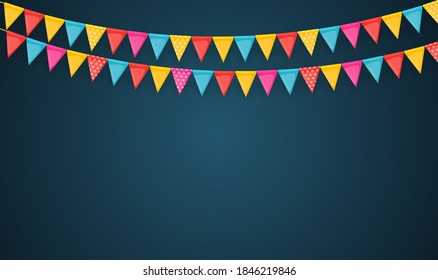 Banner with garland of flags and ribbons. Holiday Party background for birthday party, carnava. Vector Illustration EPS10