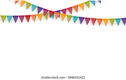 Banner with garland of flags and ribbons. Holiday Party background for birthday party, carnaval isolated on white. Vector Illustration EPS10