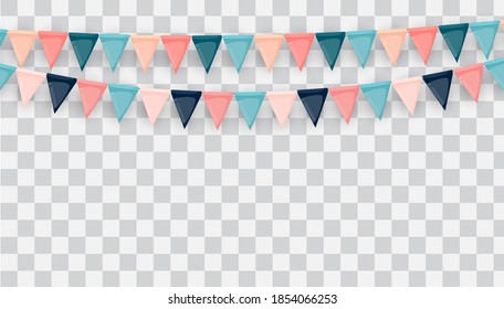 Banner with garland of flags and ribbons. Holiday Party background for birthday party, carnaval isolated on transparent background. Vector Illustration EPS10