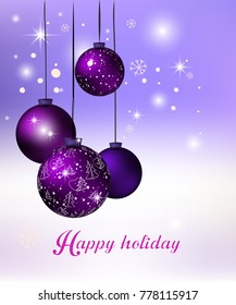 banner garland with pattern christmas tree ornaments. Hanging purpur and pink balls. Great for flyers, posters, headers. 