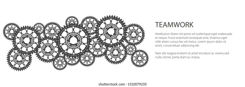 Banner of gear wheels or cogs, technology and industry, teamwork concept, black and white vector illustration