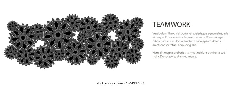 Banner of gear wheels or cogs, technology and industry, teamwork concept, black and white vector illustration