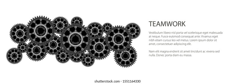 Banner of gear wheels or cogs, technology and industry, teamwork concept, black and white vector illustration