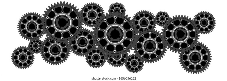 Banner de ruedas o engranajes, tecnología e industria, concepto de trabajo en equipo, ilustración vectorial en blanco y negro