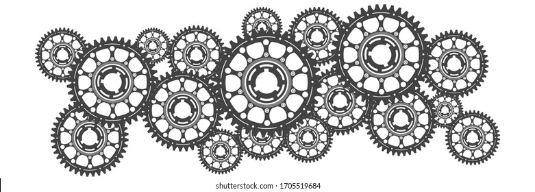 Banner of gear wheels or cogs, technology and industry, teamwork concept, black and white vector illustration