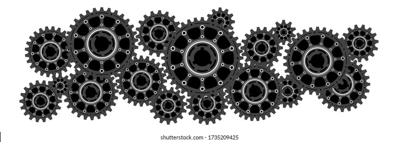Banner of gear wheels or cogs, technology and industry, teamwork concept, black and white vector illustration