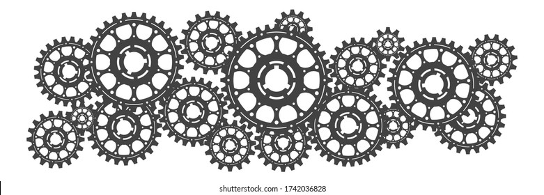 Banner of gear wheels or cogs, technology and industry, teamwork concept, black and white vector illustration