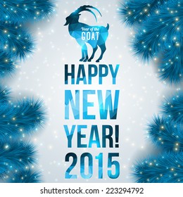 Banner with geometric pattern goat. Vector illustration. Chinese astrological sign. New Year 2015. Shining background with blue spruce branches.