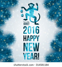 Banner with geometric pattern monkey. Vector illustration. Chinese astrological sign. New Year 2016. Shining background with blue spruce branches.