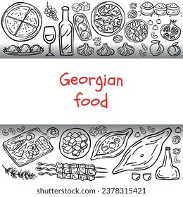 Banner of Georgian cuisine on a white background. Georgian traditional food: khachapuri, khinkali, wine, barbecue, nuts, fruits, bread. Vector illustration