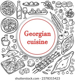 Pancarta de cocina georgiana de fondo blanco. Cocina tradicional georgiana: khachapuri, khinkali, vino, barbacoa, nueces, frutas, pan. Ilustración del vector