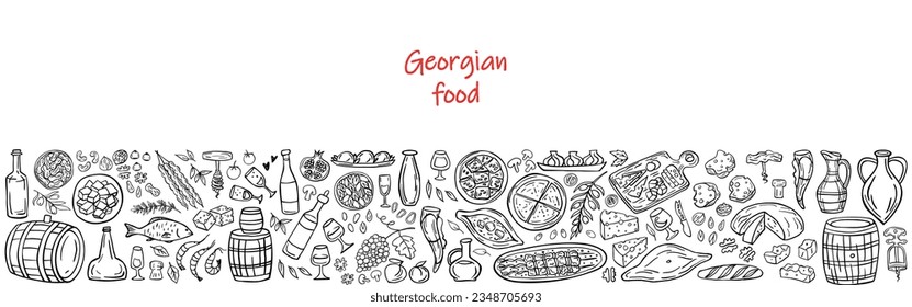 Banner of Georgian food on a white background. Georgian traditional cuisine: khachapuri, khinkali, wine, barbecue, nuts, fruits, bread. Vector illustration