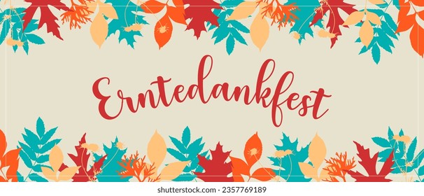 Banner with german text Erntedankfest, translation of Thanksgiving with coloring stamp leaves. Vector illustration