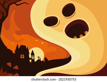 Banner with ghost on background of castle. Halloween postcard design in cartoon style.
