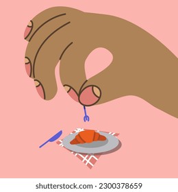A banner with giant hands holding a tiny fork and trying to pierce a croissant. Service, lunch, cafe, rest, break, breakfast. Hand-drawn fashionable vector illustration. Cartoon. Template for printing