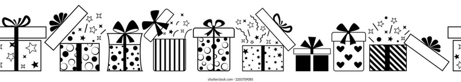 Banner of gift boxes with bows and different patterns, black on white background, with seamless horizontal repetition
