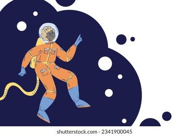 Banner with a girl astronauts in a space suit on an abstract background with bubbles and bubbles