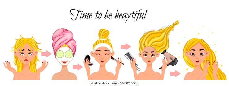 Banner with the girl "before" and "after" various beauty procedures. Cartoon style. Vector illustration