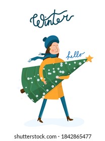 Banner with a girl with Christmas tree.  Women are buying christmas tree gifts. Vector illustration in cartoon style