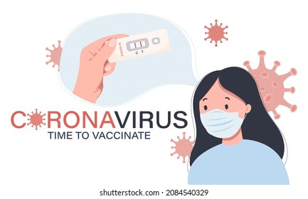 Banner with a girl in a mask and covid viruses around, a call for vaccination. OMICRON coronavirus strain. Omicron virus B.1.1.529. Background with viral cells and positive covid test. Banner