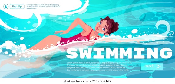 Banner with girl swimming in pool. Poster with character doing water sports or activities in water. Fitness and healthy lifestyle. Design element for landing page. Cartoon flat vector illustration