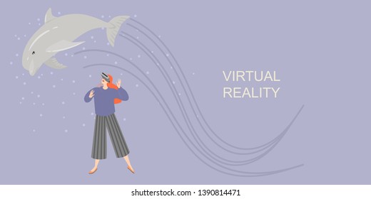 Banner with a girl in virtual reality glasses smiling and stretching hands to the virtual dolphin. Happy cartoon character plays and learns with the help of modern technology