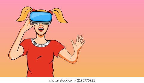 Banner with girl wearing virtual reality glasses. Woman in VR glasses. Colorful VR concept. 