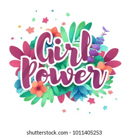 Banner with girl and women power text. Design feminist poster with flower decoration.  Symbol for Feminism concept. Vector