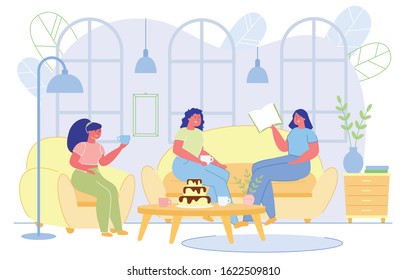 Banner Girls Have Rest in Coffee Shop, Cartoon. Three Girls are Sitting at Table with Sweets and Hot Drinks. They Fun Talking, one them is Holding Book. They dont Worry about their Figure.