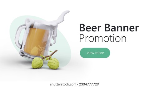 Banner with glass 3D beer mug. Clean glass with reflection. Movement of lush foam, turning mug. Realistic advertisement of natural hop beer. Color template for web design
