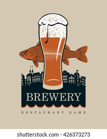 banner with a glass of beer and a fish on a background of the old town