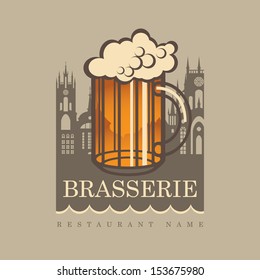 banner with glass of beer on background of old town