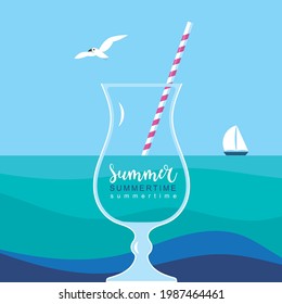Banner with glass of coctail  . Sea horizon. Cartoon vector illustration, square banner, art print . Hello summer bright background
